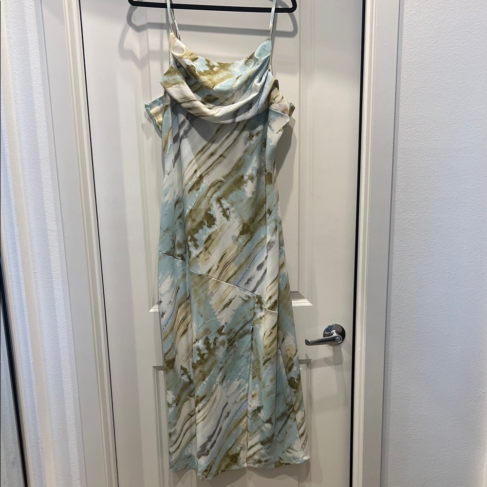 Satin Cowl Neck Slip Dress in Light Blue & Olive